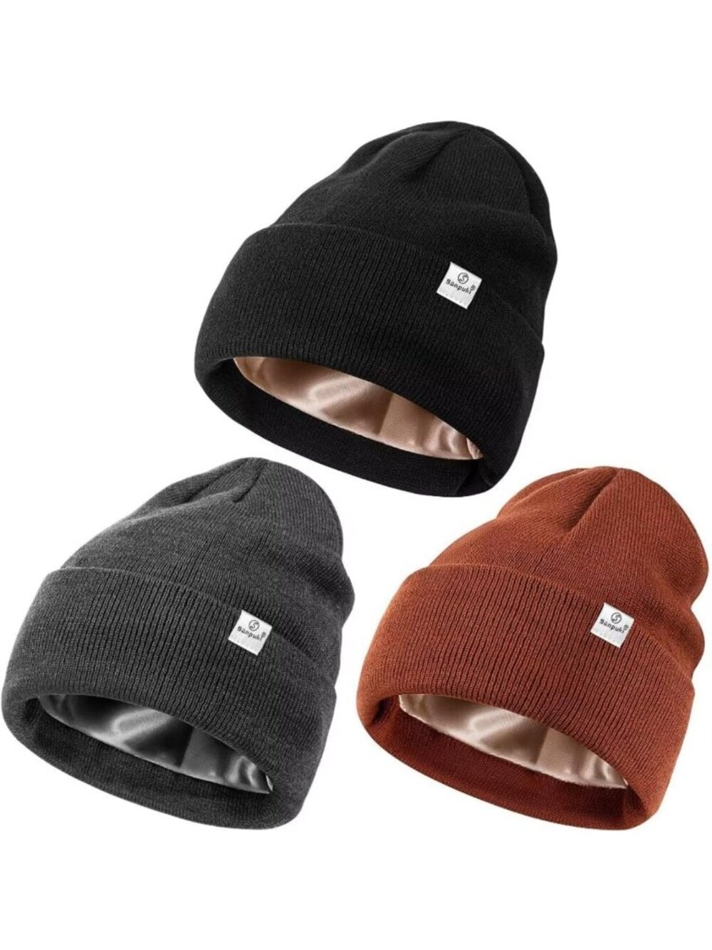 Cozy 3-Pack Satin Lined Winter Beanie Hats for Women & Men - Soft Knit Cuffed
